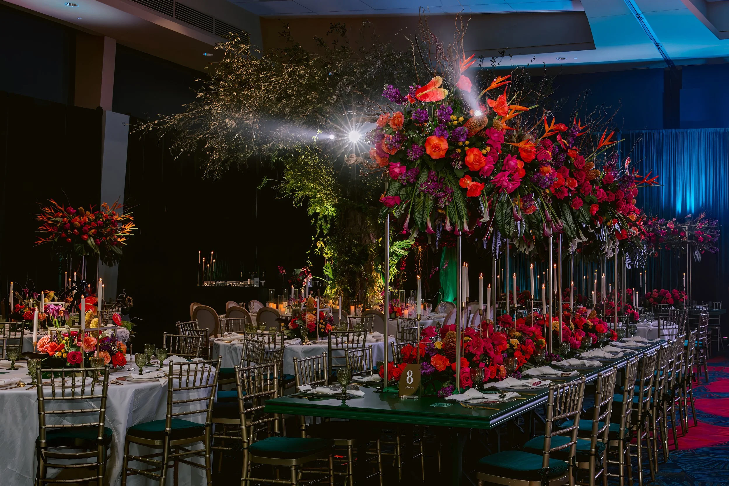 Night tablescape with rich florals